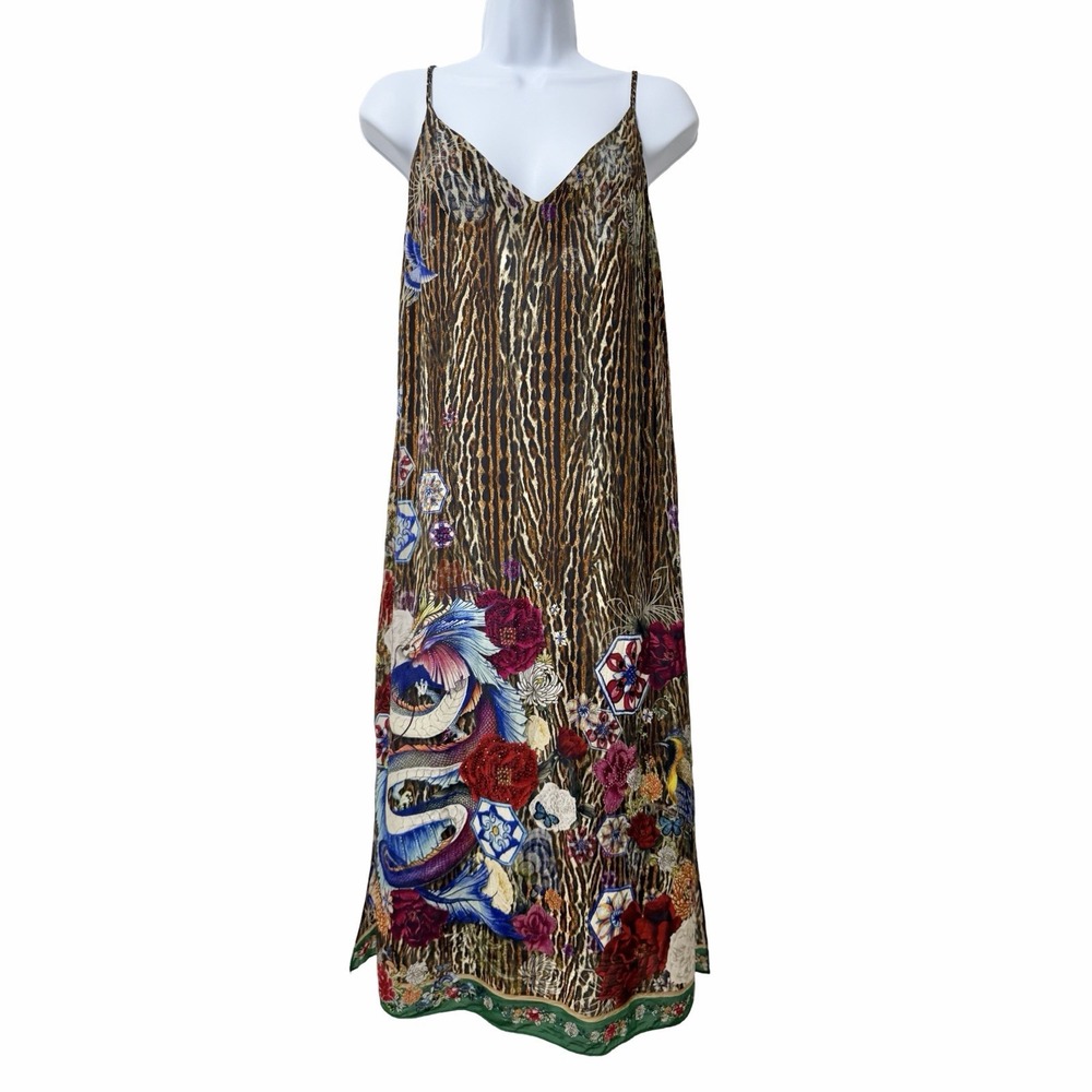 Camilla Crystal Embellished Printed Silk Crepe De Chine Midi Slip Dress Size S